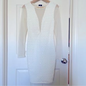 White Bodycon Long Sleeve Mini Dress w/ Sequins, and Low Cut Back